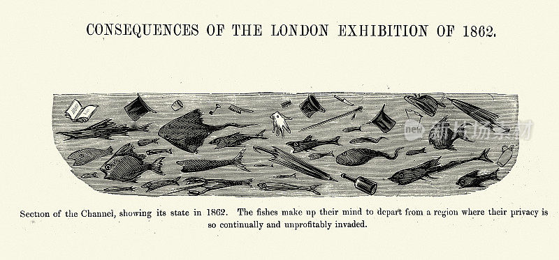 古斯塔夫·多雷(Gustav Dore)的经典漫画《英吉利海峡的污染和垃圾》(Pollution and Trash in English Channel)，创作于1862年伦敦的一场展览之后